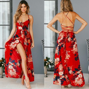 V Neck Spaghetti Straps Floral Printed Dresses Lace up Backless Slit Side Long Maxi Dress Black Red Burgundy